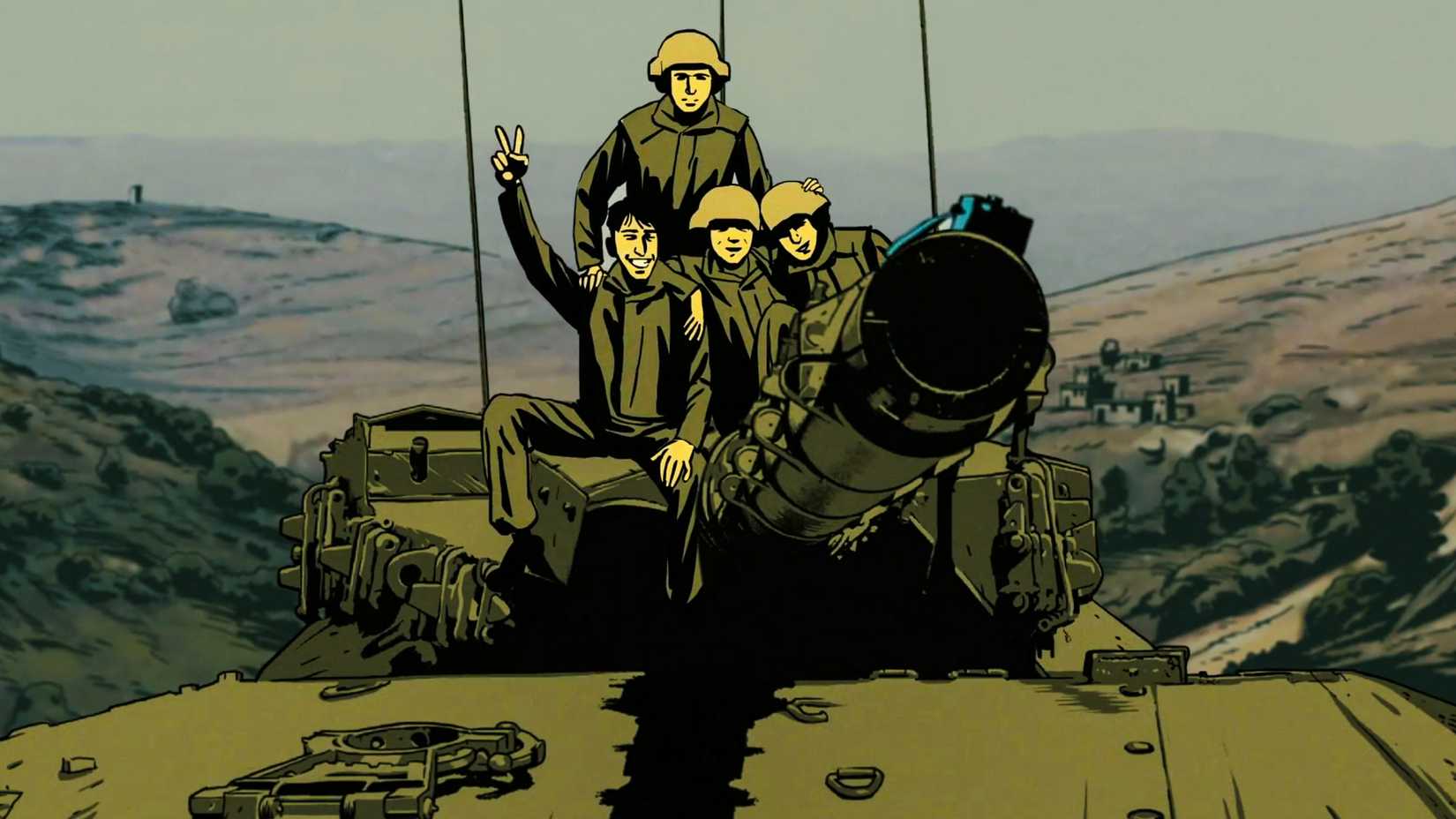Four animated Israeli soldiers gather around a tank's main gun against a mountainous landscape in Waltz with Bashir.