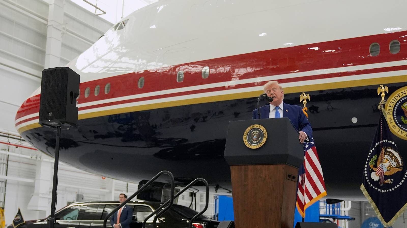 President Donald Trump Unveils the New Air Force One, a Converted Qatari Jet President Donald Trump Unveils the New Air Force One, a Converted Qatari Jet